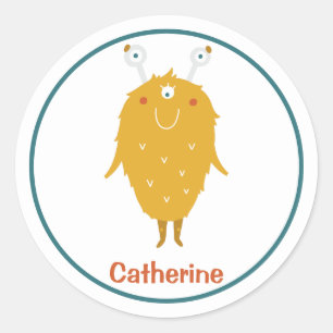 Pegatina Redonda Feliz moho naranja peludo monstruo tres ojos