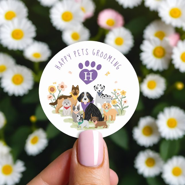 Pegatina Redonda Feliz Monograma de cuidado de mascotas para famili (Happy Pet Family Pet Care & Grooming Monogram Classic Round Sticker)