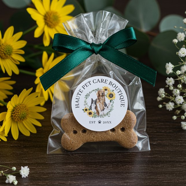 Pegatina Redonda Feliz Monograma de cuidado de mascotas para famili (Happy Pet Family Pet Care & Grooming Monogram Classic Round Sticker)