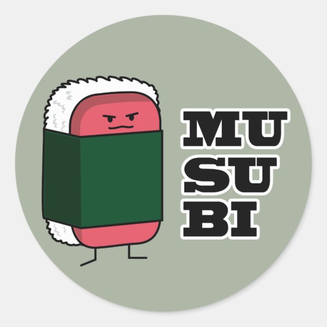Pegatina Redonda Feliz Musubi de Hawái Sushi Nori algas marinas (Anverso)