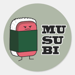 Pegatina Redonda Feliz Musubi de Hawái Sushi Nori algas marinas
