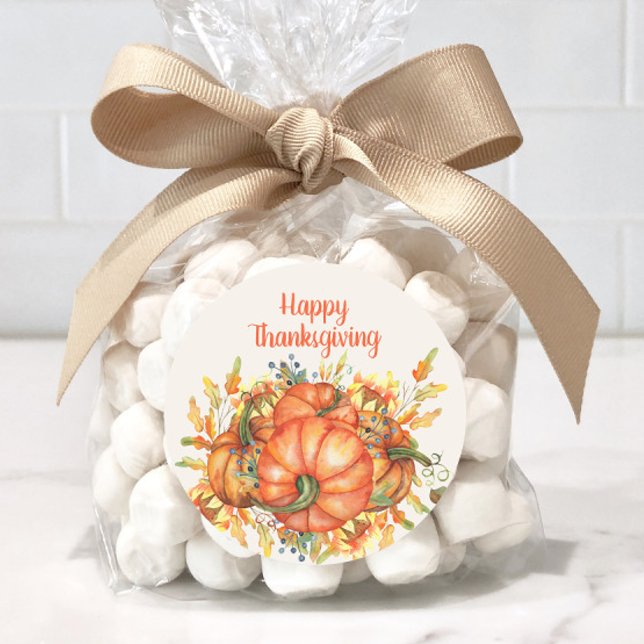 Pegatina Redonda Feliz Naranja de Acción de Gracias, calabazas caen (Watercolor pumpkins "Happy Thanksgiving" sticker)