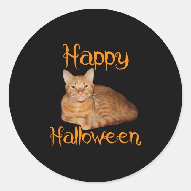 Pegatina Redonda Feliz Naranja de Halloween sin miedo Tabby Cat (Anverso)