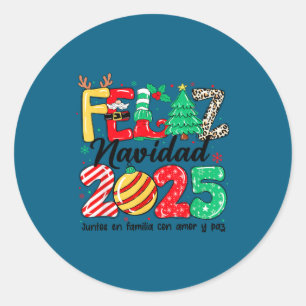 Pegatina Redonda Feliz Navidad 2025 Navidad Española Familia Mexica