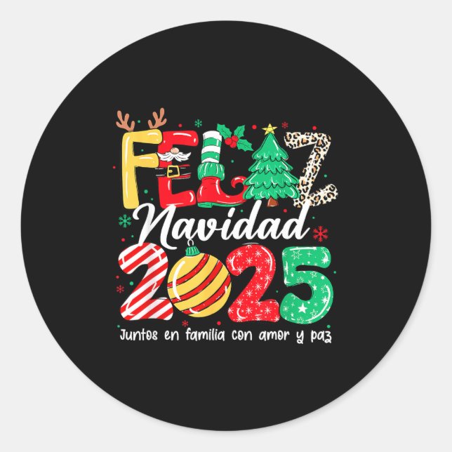 Pegatina Redonda Feliz Navidad 2025 Spanish Christmas Mexican Famil (Anverso)