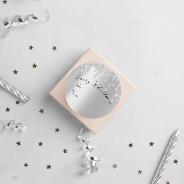 Pegatina Redonda Feliz Navidad A De Vacaciones Chispas Gris (Merry Christmas To From Holidays Spark Drips Gray Classic Round Sticker)