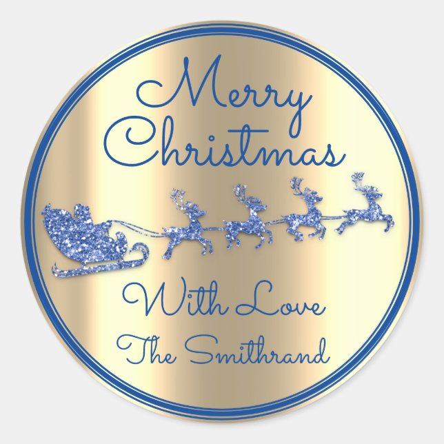 Pegatina Redonda Feliz Navidad A Del Oro Purpurina De La Marina Azu (Anverso)