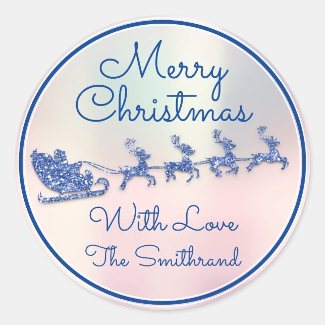 Pegatina Redonda Feliz Navidad A Del Pastel De Renos De Santa Azul (Anverso)