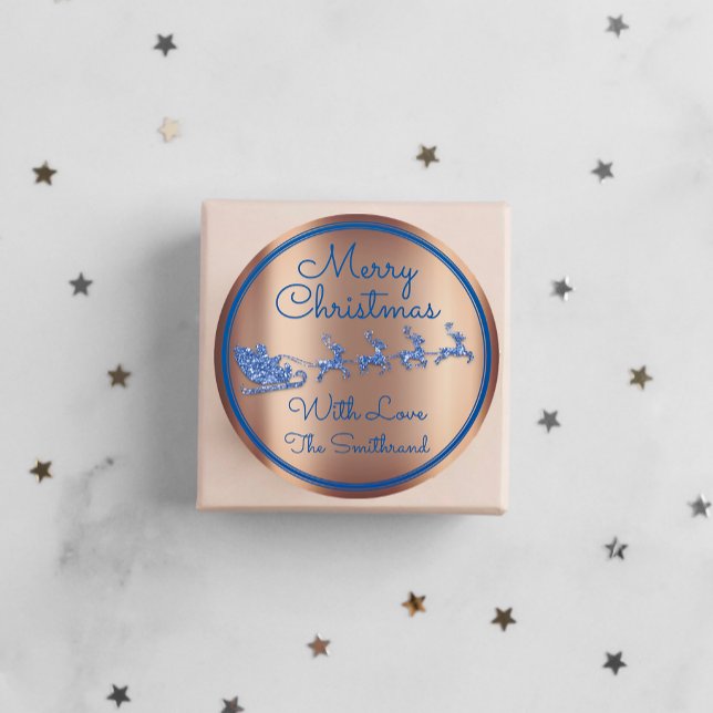 Pegatina Redonda Feliz Navidad A Del Rosa Purpurina De La Marina Az (Merry Christmas To From Blue Navy Glitter Rose Classic Round Sticker)