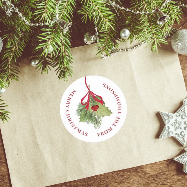 Pegatina Redonda Feliz Navidad acuarela Holly Berries Greenery (Christmas red holly berries and greenery custom round sticker. )