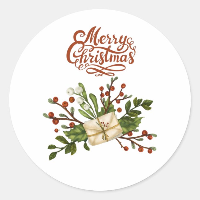 Pegatina Redonda Feliz Navidad acuarela Holly Berry y letras (Anverso)