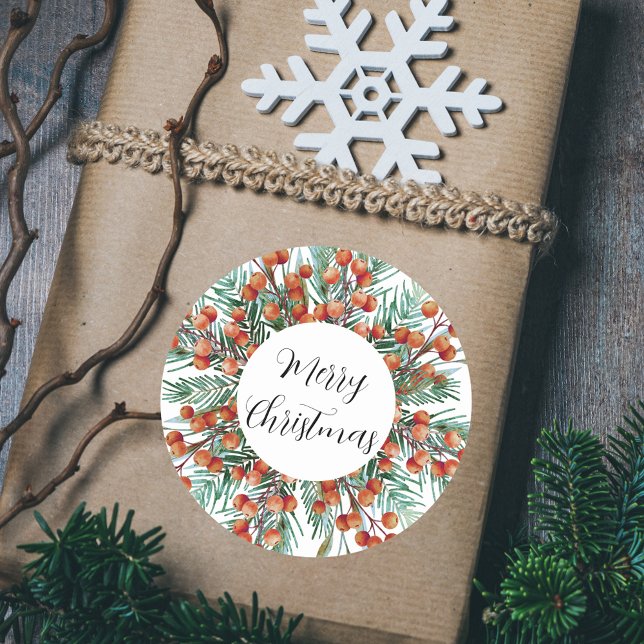 Pegatina Redonda Feliz Navidad acuarela Red Berries Green Holly (Merry Christmas Watercolor Red Berries Green Holly Classic Round Gift Sticker)