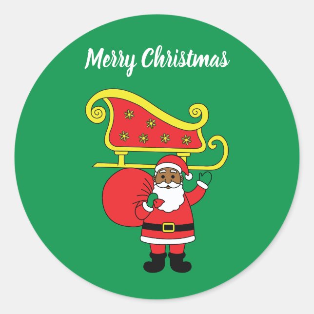 Pegatina Redonda Feliz Navidad African American Santa Claus Green (Anverso)