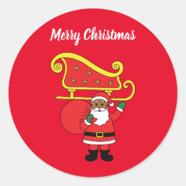 Pegatina Redonda Feliz Navidad African American Santa Claus Red