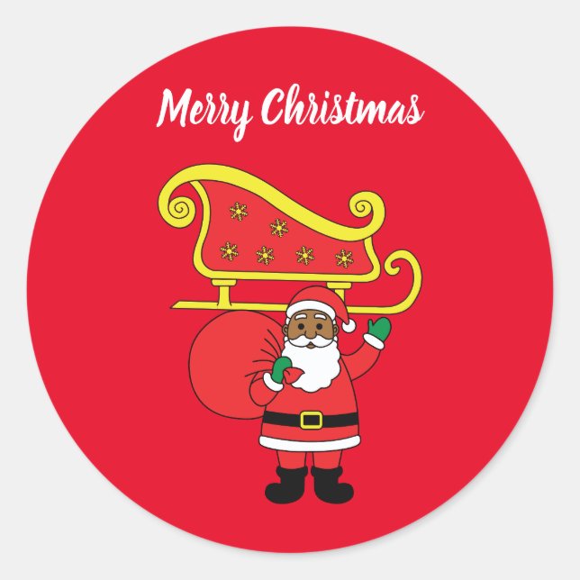 Pegatina Redonda Feliz Navidad African American Santa Claus Red (Anverso)
