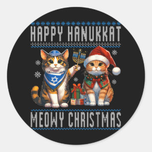 Pegatina Redonda Feliz Navidad al gato Hanukkah Judío Christian