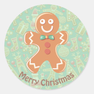 Pegatina Redonda Feliz Navidad al hombre de pan de jengibre