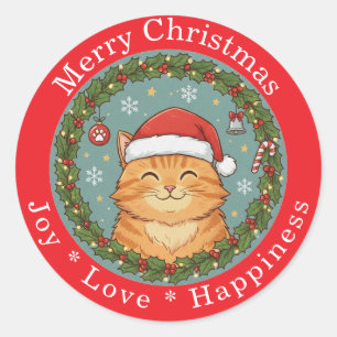 Pegatina Redonda Feliz Navidad Alegría Amor Felicidad Gato Adorable