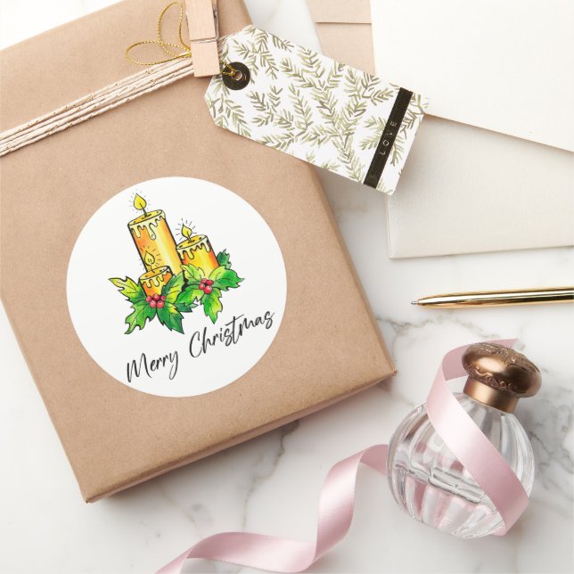 Pegatina Redonda Feliz Navidad Amarilla Y Feliz Año Nuevo (Regalar)