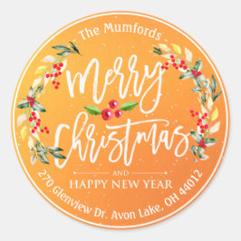 Pegatina Redonda Feliz Navidad Año Nuevo Floral Dirección Berry Roj