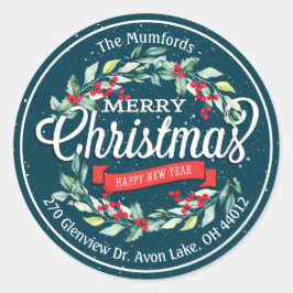 Pegatina Redonda Feliz Navidad Año Nuevo Floral Dirección Berry Roj