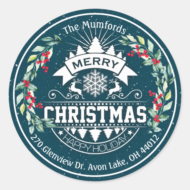 Pegatina Redonda Feliz Navidad Año Nuevo Floral Dirección Berry Roj (Anverso)