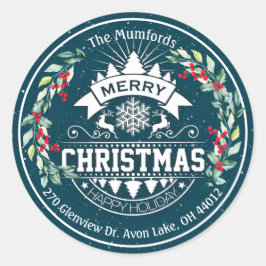 Pegatina Redonda Feliz Navidad Año Nuevo Floral Dirección Berry Roj