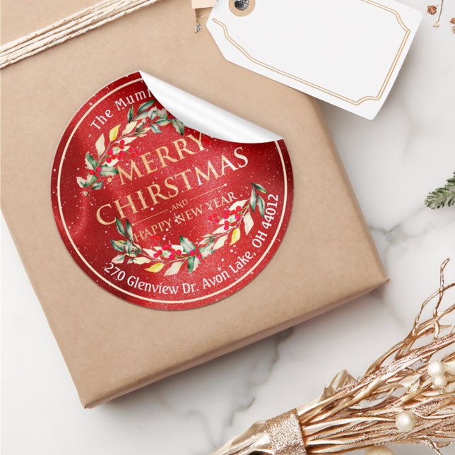 Pegatina Redonda Feliz Navidad Año Nuevo Floral Dirección Berry Roj (Subido por el creador)