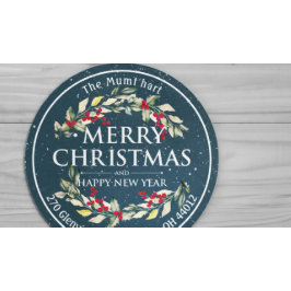 Pegatina Redonda Feliz Navidad Año Nuevo Floral Dirección Berry Roj