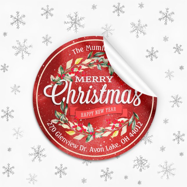 Pegatina Redonda Feliz Navidad Año Nuevo Floral Dirección Berry Roj (Subido por el creador)