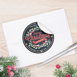 Pegatina Redonda Feliz Navidad Año Nuevo Floral Dirección Berry Roj