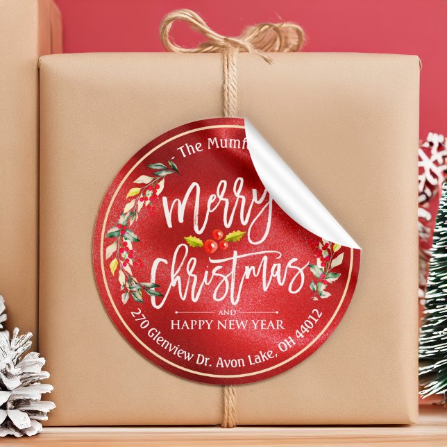Pegatina Redonda Feliz Navidad Año Nuevo Floral Dirección Berry Roj (Subido por el creador)