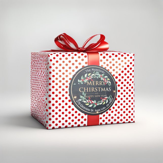 Pegatina Redonda Feliz Navidad Año Nuevo Floral Dirección Berry Roj (Subido por el creador)