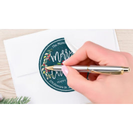 Pegatina Redonda Feliz Navidad Año Nuevo Floral Dirección Berry Roj