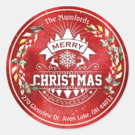 Pegatina Redonda Feliz Navidad Año Nuevo Floral Dirección Berry Roj