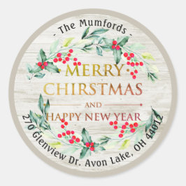 Pegatina Redonda Feliz Navidad Año Nuevo Floral Dirección Berry Roj