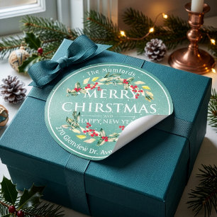 Pegatina Redonda Feliz Navidad Año Nuevo Floral Rojo Baya Dirección