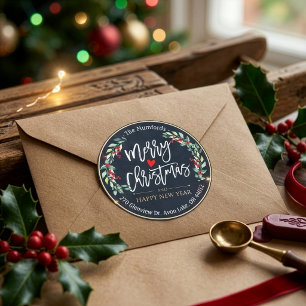 Pegatina Redonda Feliz Navidad Año Nuevo Floral Rojo Baya Dirección