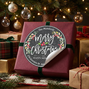 Pegatina Redonda Feliz Navidad Año Nuevo Floral Rojo Baya Dirección