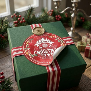 Pegatina Redonda Feliz Navidad Año Nuevo Floral Rojo Baya Dirección