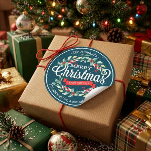 Pegatina Redonda Feliz Navidad Año Nuevo Floral Rojo Baya Dirección