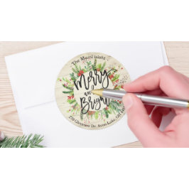 Pegatina Redonda Feliz Navidad Año Nuevo Wish Holly Wreath Direcció