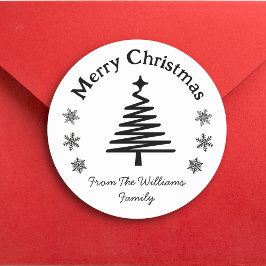 Pegatina Redonda Feliz navidad árbol blanco negro y copos de nieve