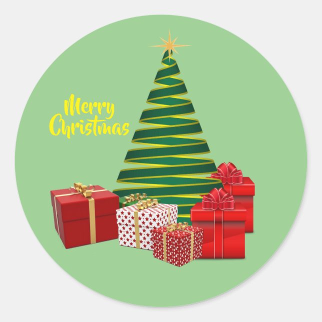 Pegatina Redonda Feliz Navidad ~ Árbol con regalos (Anverso)