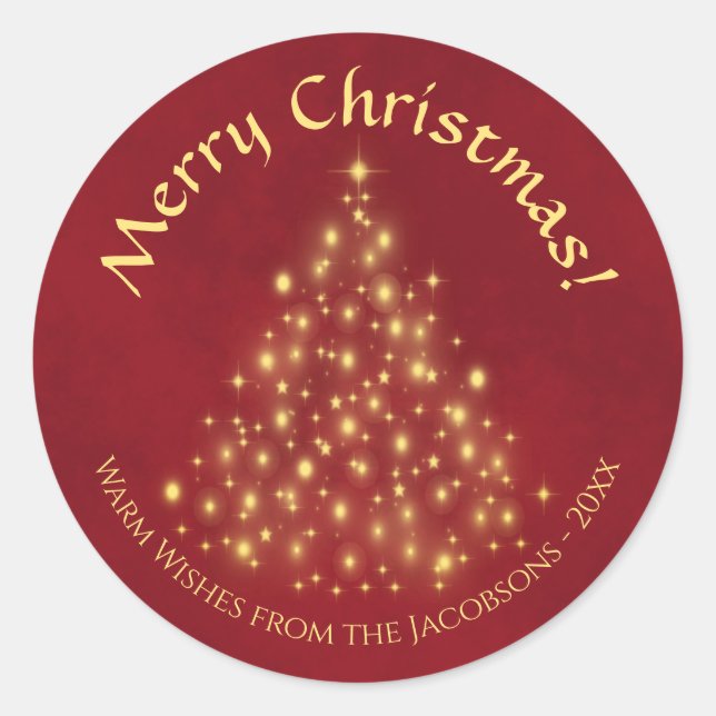 Pegatina Redonda ¡Feliz Navidad! Árbol de Luces Doradas sobre Rojo  (Anverso)