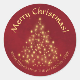 Pegatina Redonda ¡Feliz Navidad! Árbol de Luces Doradas sobre Rojo