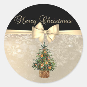Pegatina Redonda Feliz Navidad, árbol de pino naranja, copos de nie