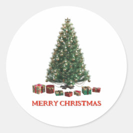 Pegatina Redonda Feliz Navidad. Árbol (diseño 1) con regalos