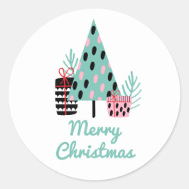 Pegatina Redonda Feliz Navidad | Árbol festivo moderno y adorable d