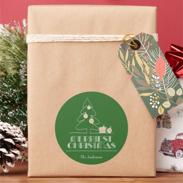 Pegatina Redonda Feliz Navidad Árbol Verde (Vacaciones)